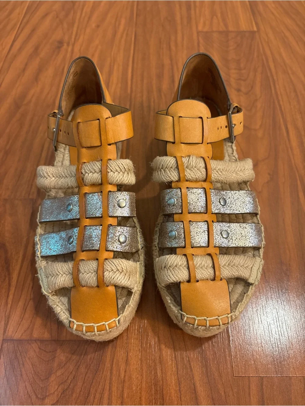 Tory Burch Fisherman Leather Espadrille Platform Sandals Metallic Womens 7